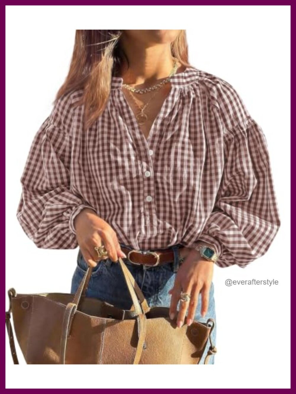 Women's Plaid Long Puff Sleeve V-Neck Button-Down Blouse